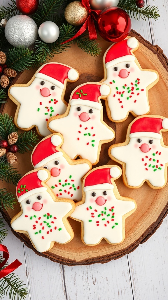 Christmas Sugar Cookies with Santa Doodles Decorated Christmas sugar cookies shaped like Santa on a wooden platter with holiday decorations.